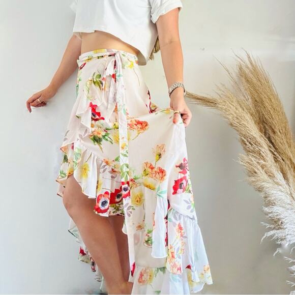 YUMI KIM ANTHROPOLOGIE Cream Pink Floral Ruffle Midi Maxi High Low Wrap Skirt M - Picture 1 of 14